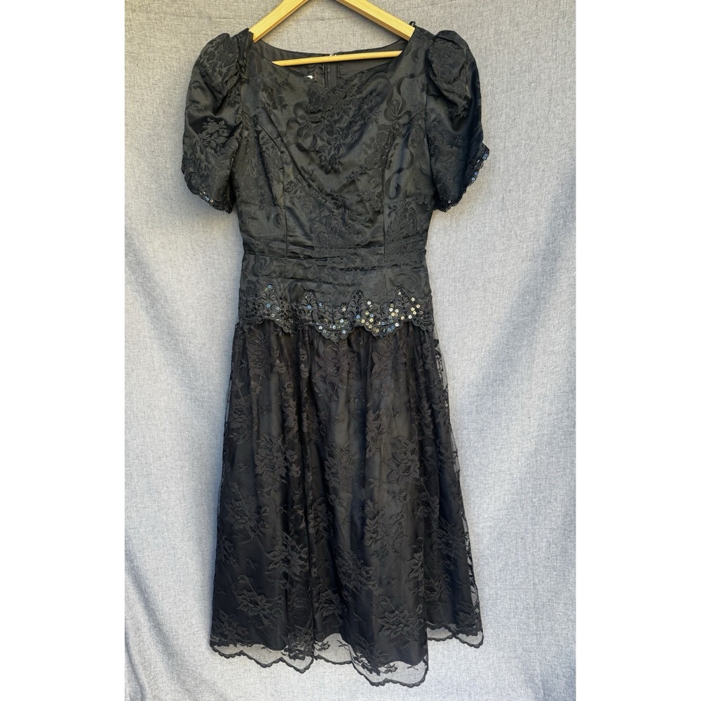 Scott McClintock Vintage 80s 90s Black Lace Bead Dress Size 12 Puff Sleeve